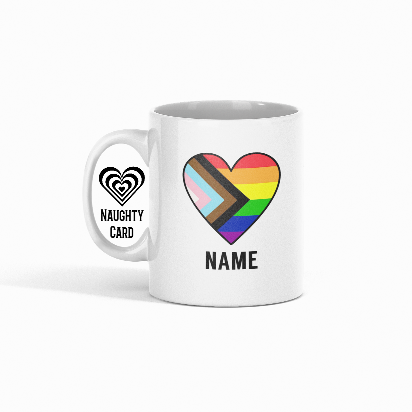 Progress Pride Gay Flag Mug Personalised with any name, white mug on plain white background
