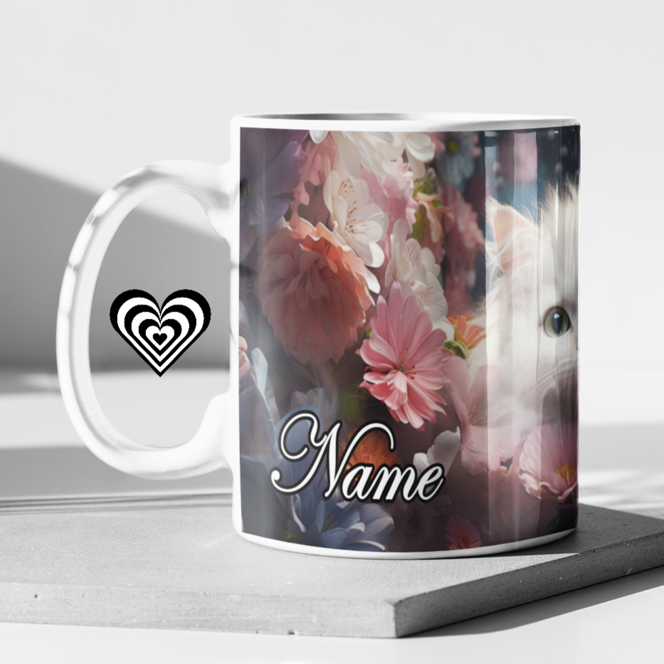 Personalised fluffy white cat mug