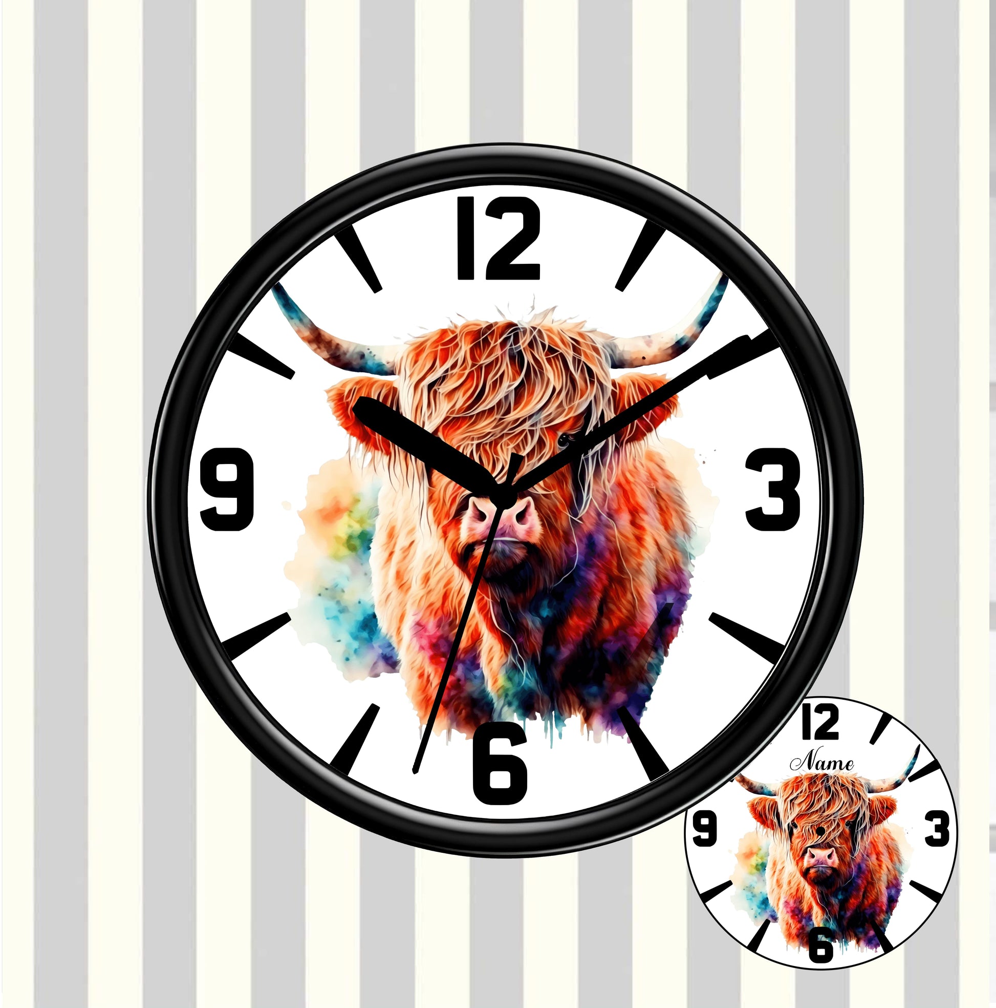 Wall clock with a colorful highland cow design on a striped background