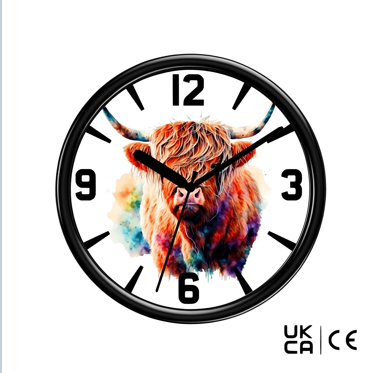 Wall clock with a colorful highland cow design on a white background