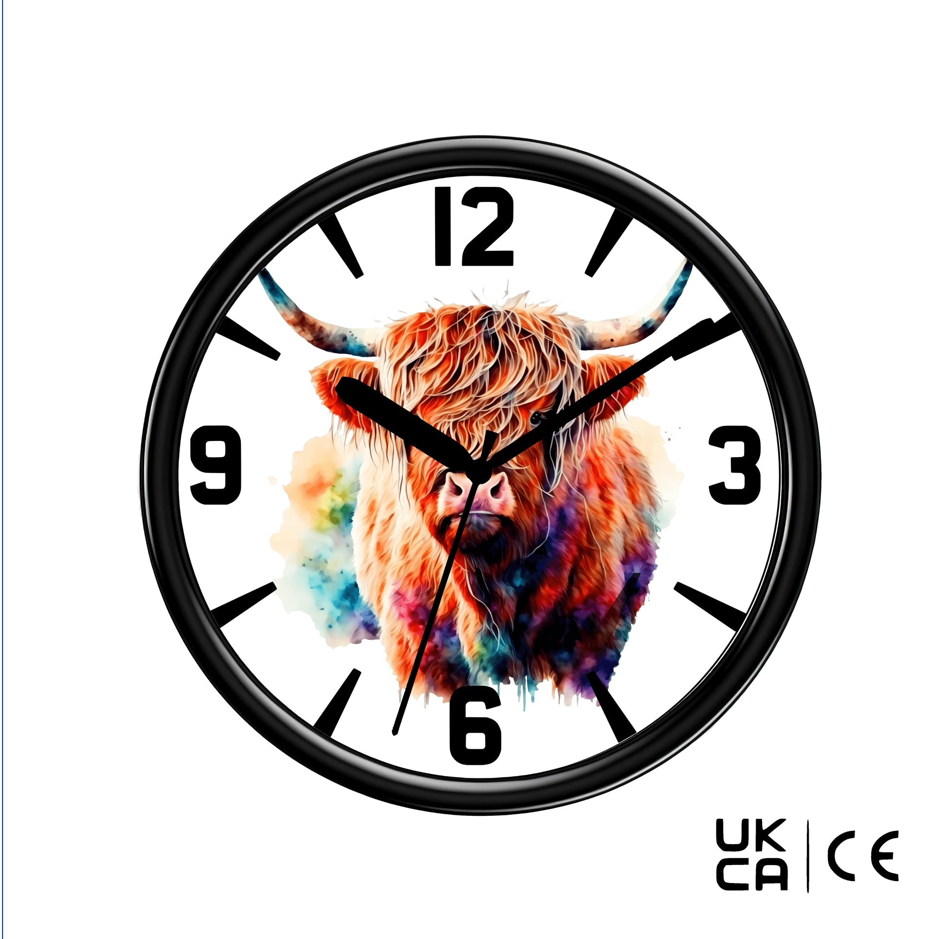 Wall clock with a colorful highland cow design on a white background