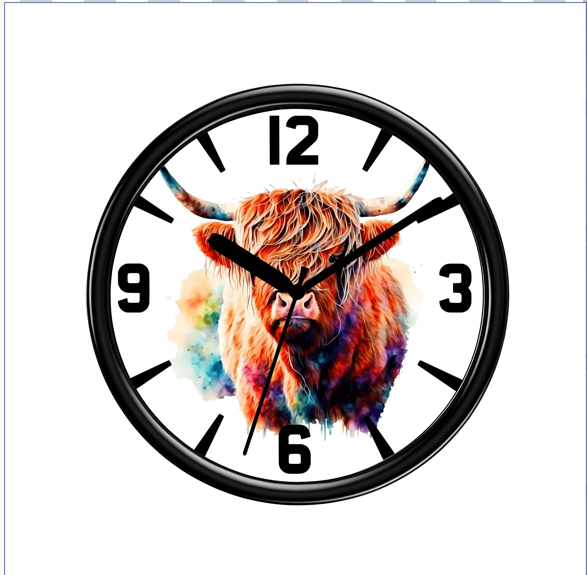Wall clock with a colorful highland cow design on a white background