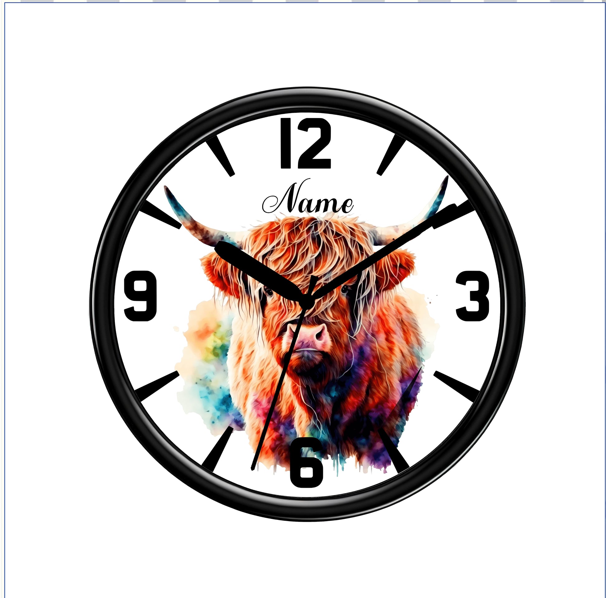 Wall clock with a colorful cow design on a white background