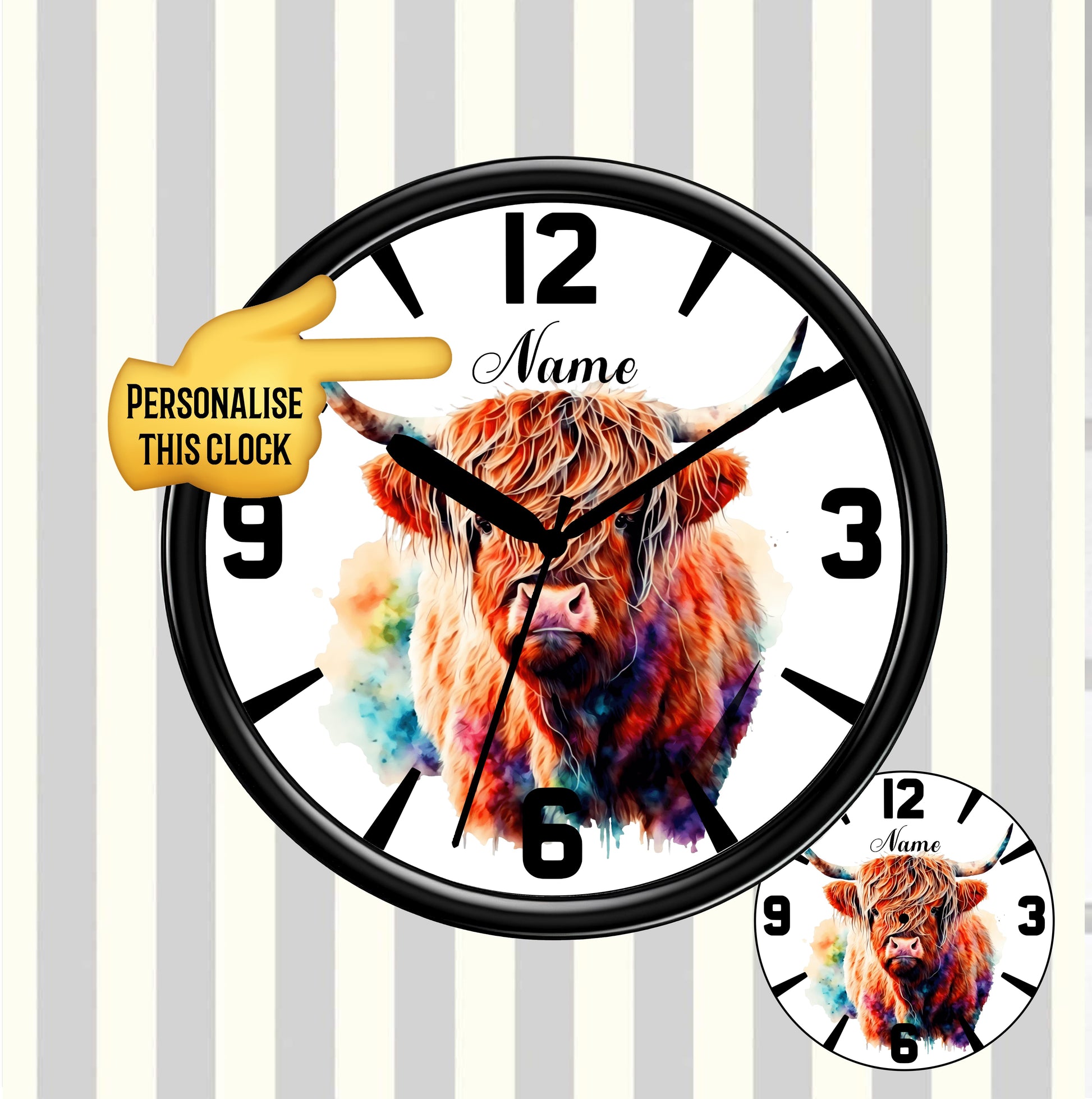 Colorful cow-themed clock with a customizable feature on a striped background