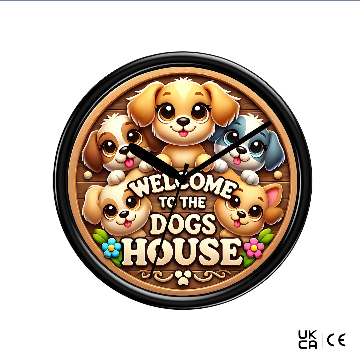 Wall clock with cartoon dogs and 'Welcome to the Dogs House' text on a white background