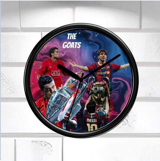 Wall clock with images of soccer players and a trophy on a colorful background.