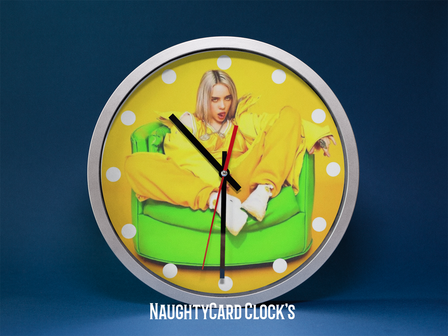 Billie Eilish Wall Clock on a blue background