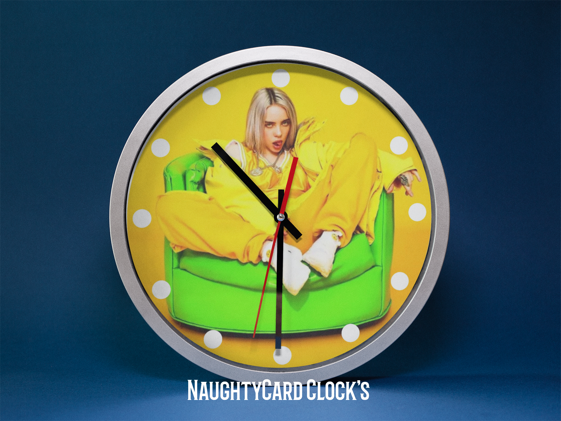 Billie Eilish Wall Clock on a blue background