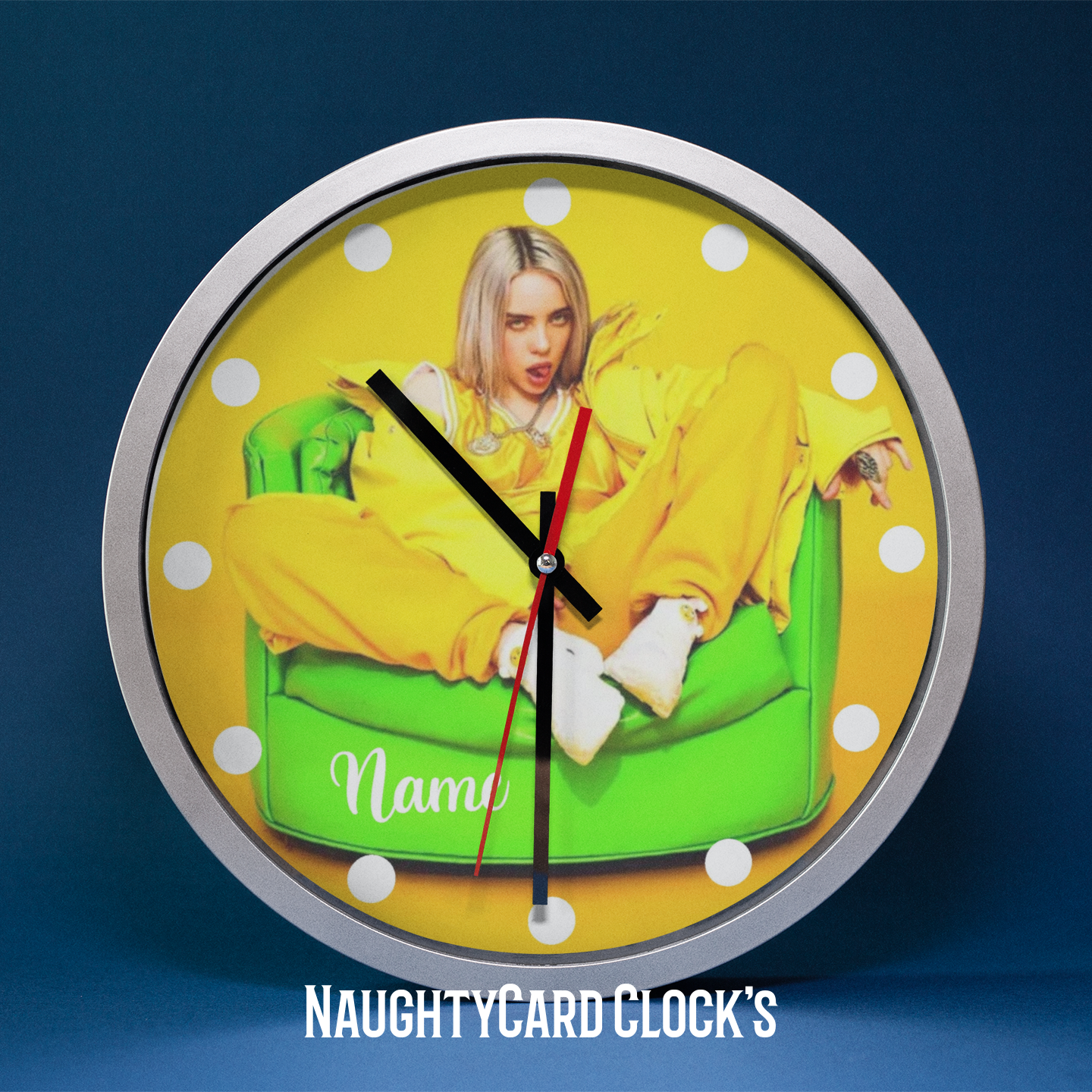 Billie Eilish Wall Clock from NaughtyCard - Silver Frame clock on blue background