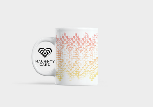 Mug with gradient design and 'Naughty Card' branding on a white background