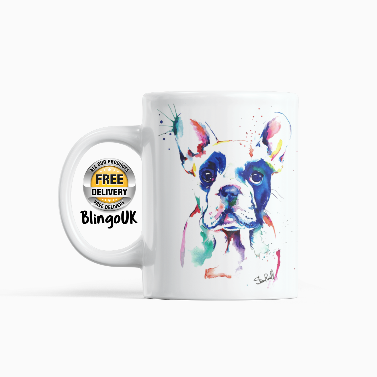 Bull Dog Personalised Water Colour Mug From NaughtyCard. Watercolour animal mug.