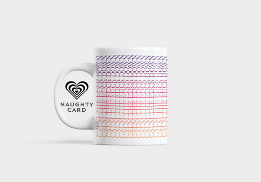 Mug with a patterned sleeve and 'Naughty Card' logo on a white background