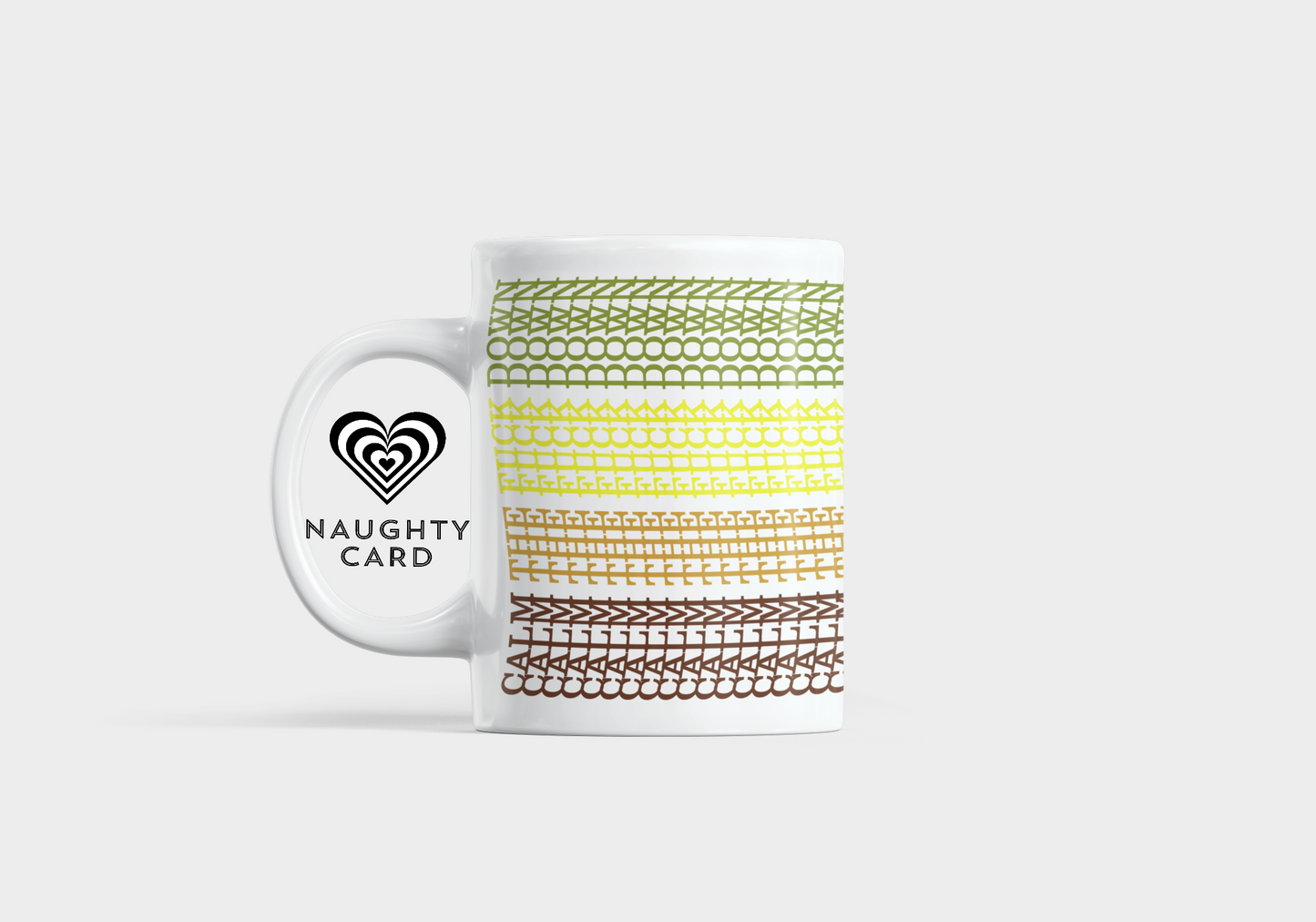 White mug with colorful patterned handle and 'Naughty Card' branding on a white background