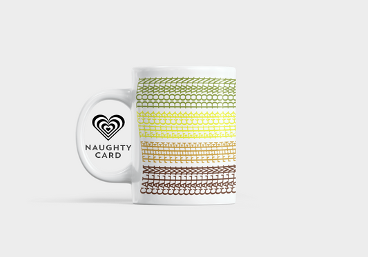 White mug with colorful patterned handle and 'Naughty Card' branding on a white background