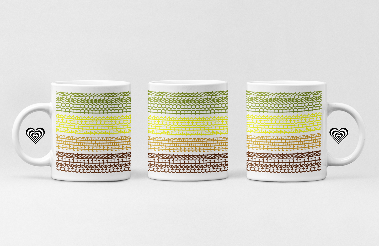 Three mugs with a striped pattern on a white background
