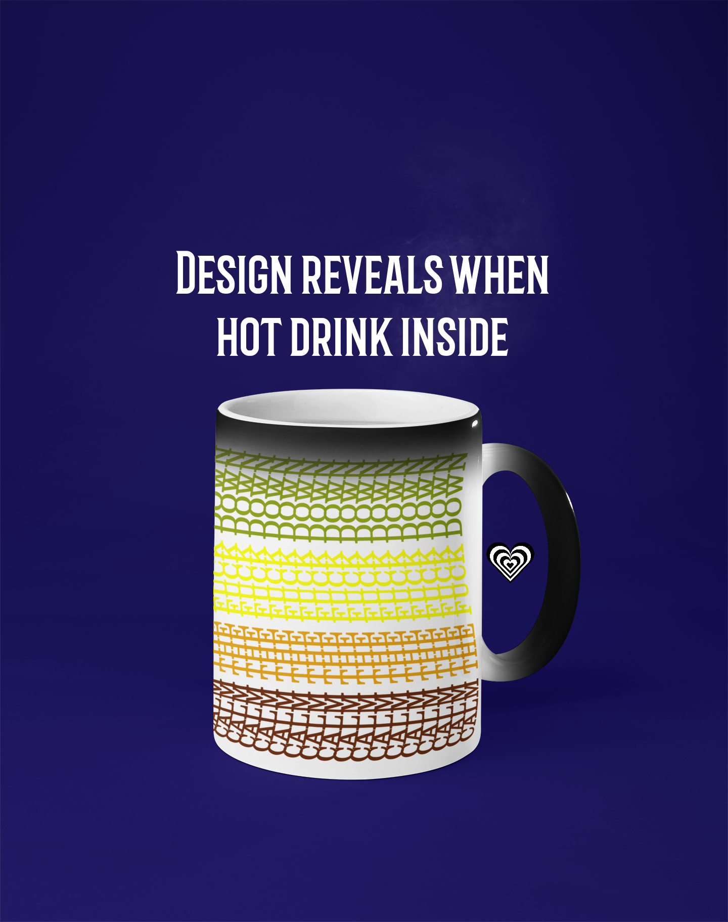 Mug with pattern that reveals text when hot, on a blue background. Hidden message on the mug