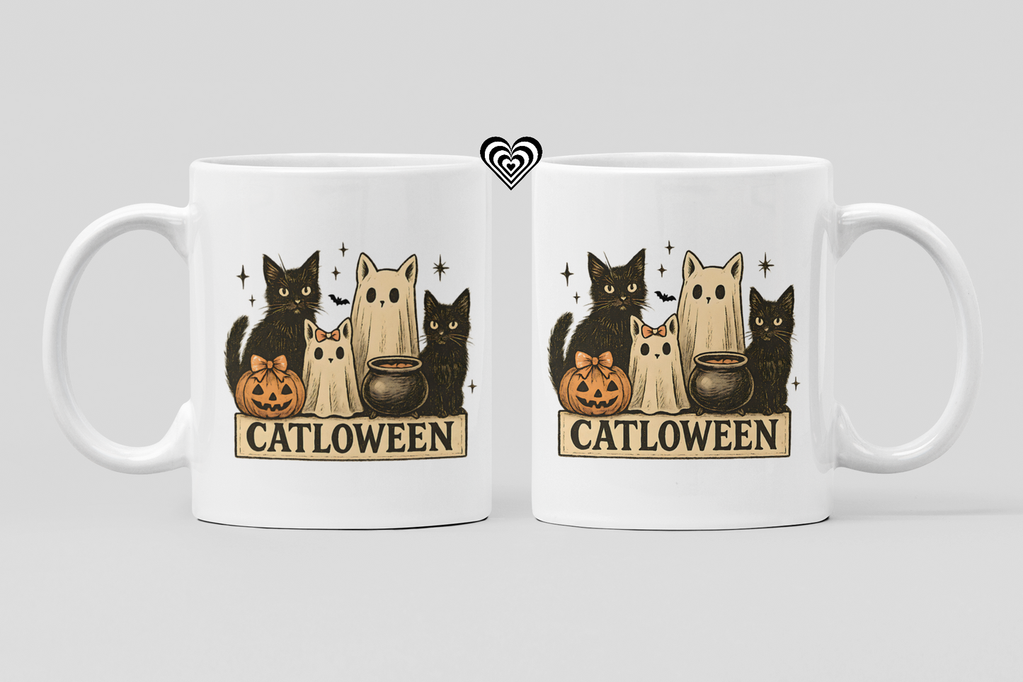 Two white mugs with Halloween-themed design featuring cats and text on a light gray background.