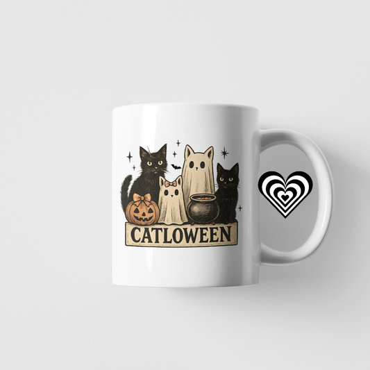 White mug with cat-themed design on a white background