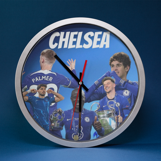 Wall clock with Football players on a blue background