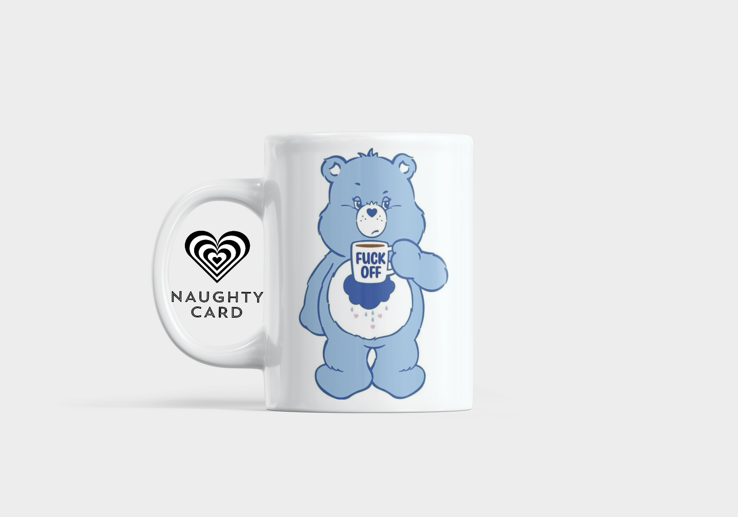 Mug with a blue bear character holding a card saying 'F*ck Off' on a white background