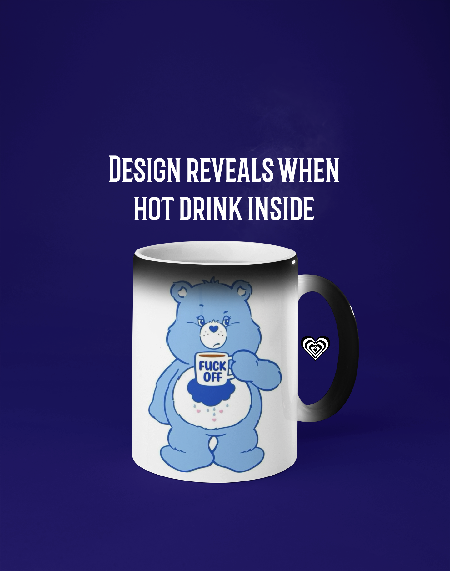 Mug with a cartoon bear design that changes color when hot, on a blue background.