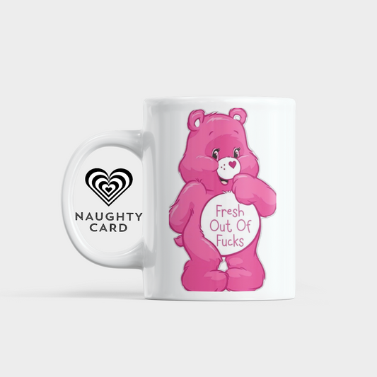 Mug with pink swear bear design and 'fresh out of fu*ks' text on a white background
