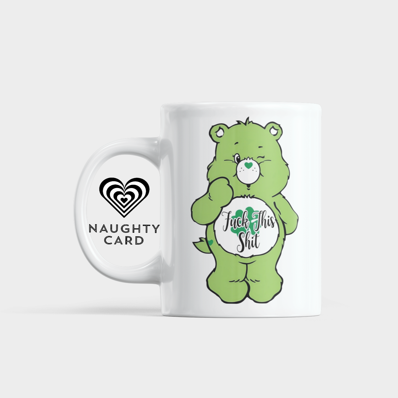 Mug with a green swear bear design and 'fu*k this sh*t' text on a white background