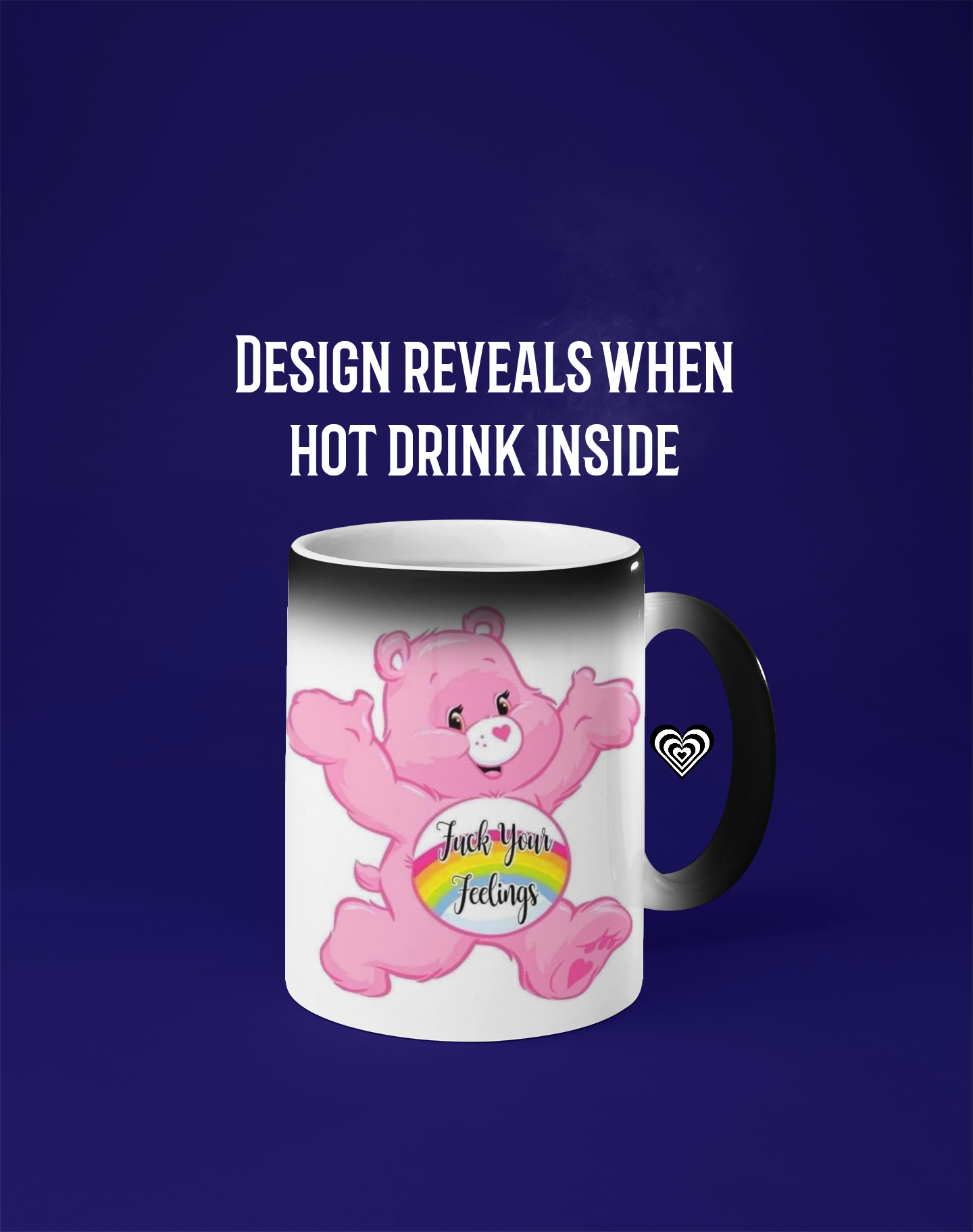 Mug with a pink bear design that reveals text when hot drink inside, on a blue background.