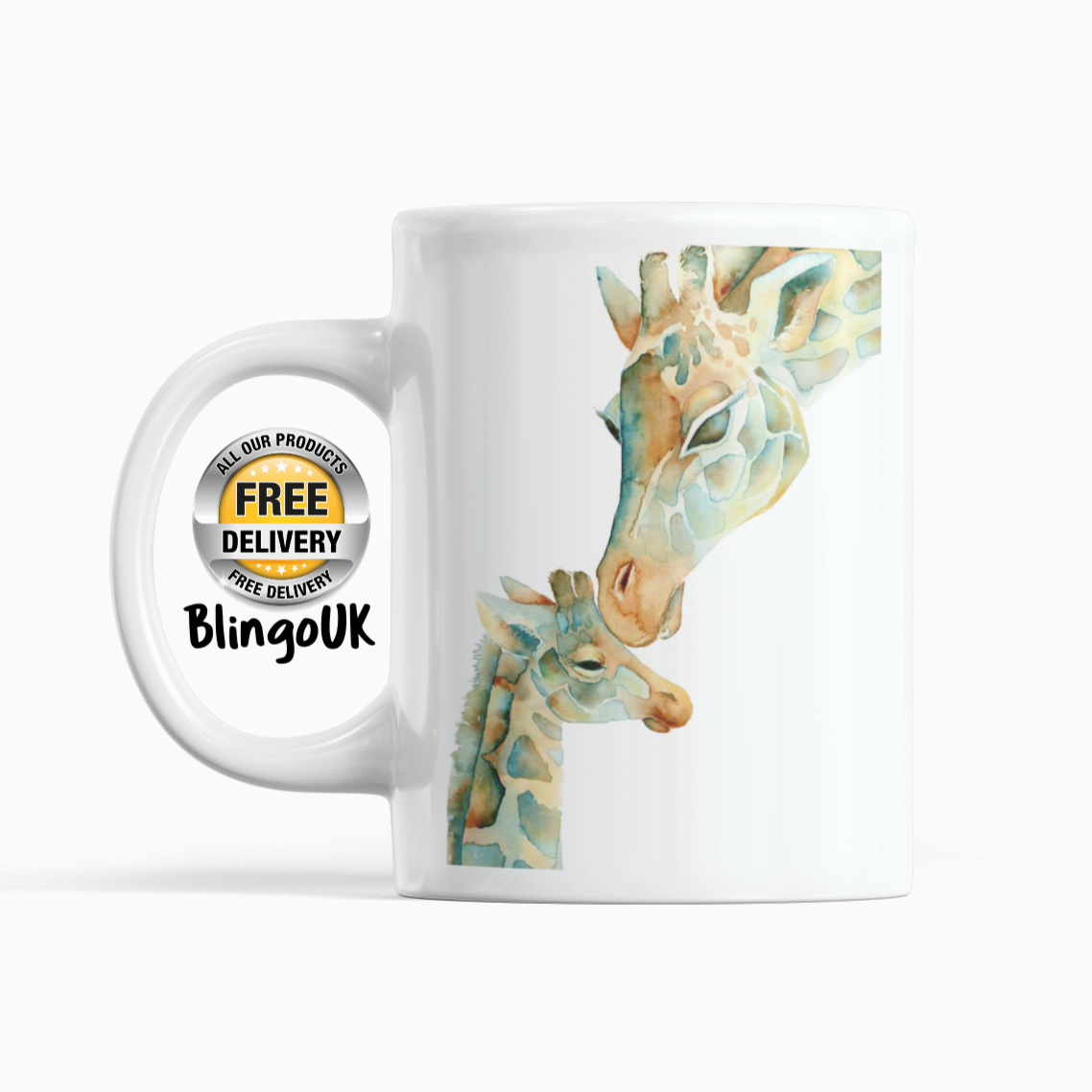 Giraffe Personalised Water Colour Mug From NaughtyCard. Watercolour animal mug.