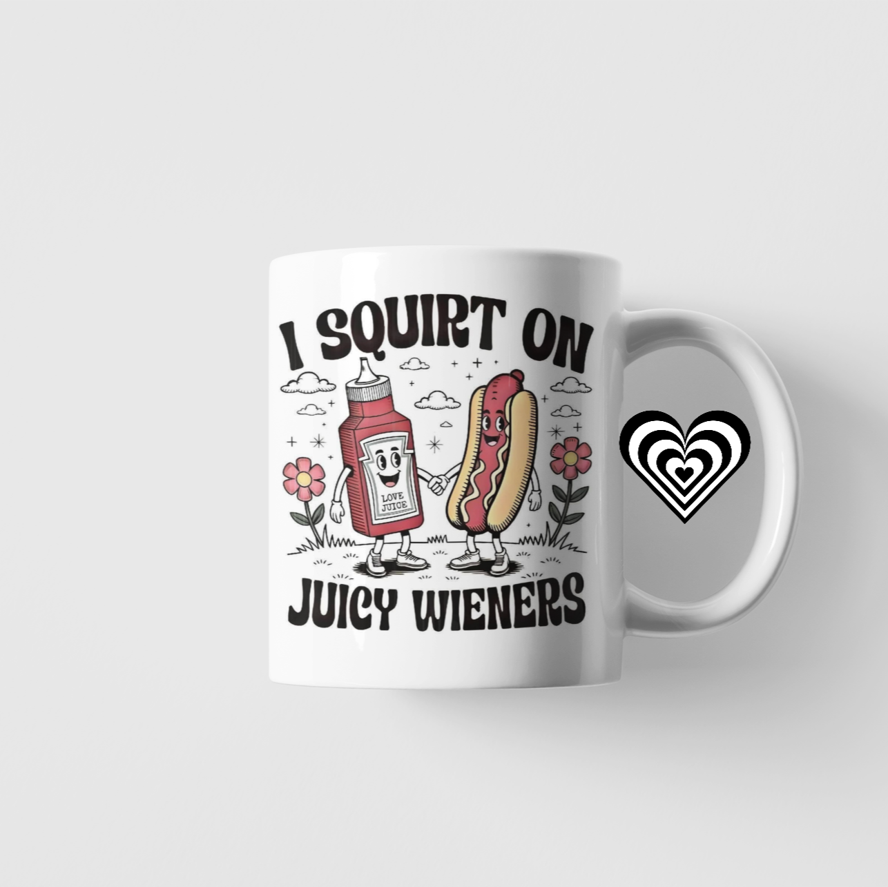 White mug with graphic design of ketchup bottle and hot dog, text 'I squirt on juicy wirners', on a white background