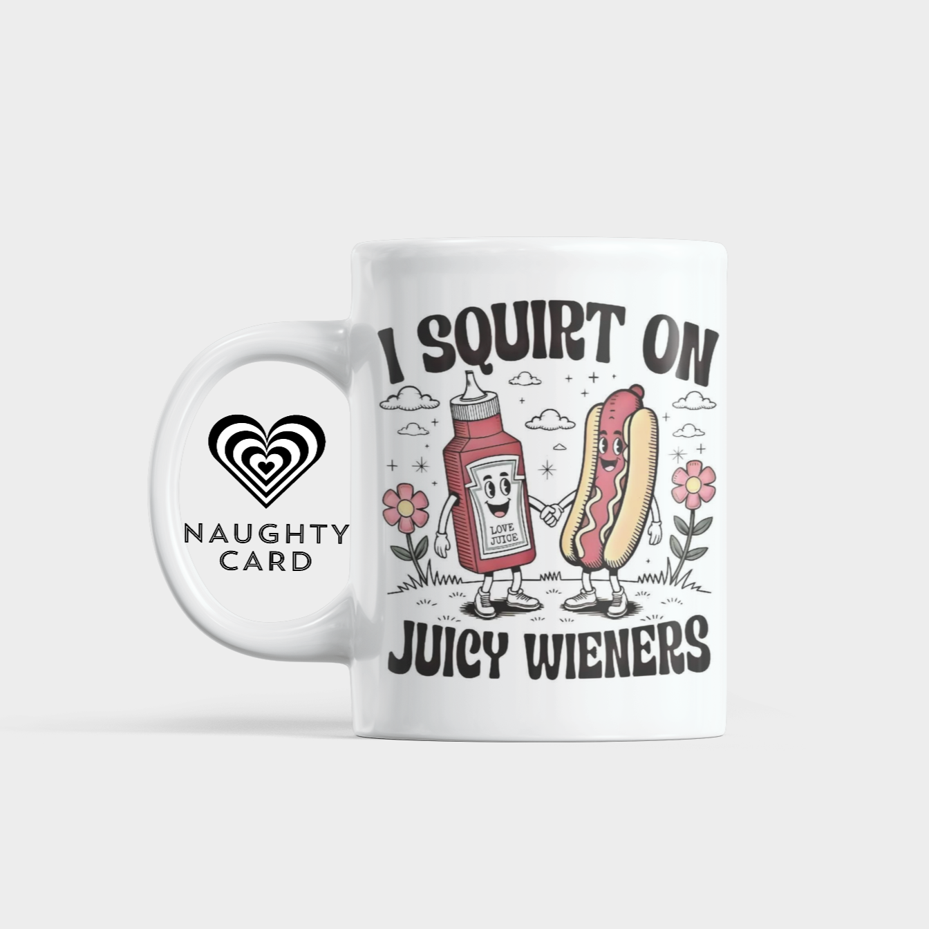 Product packaging with a cartoon hot dog and ketchup bottle design on a white background