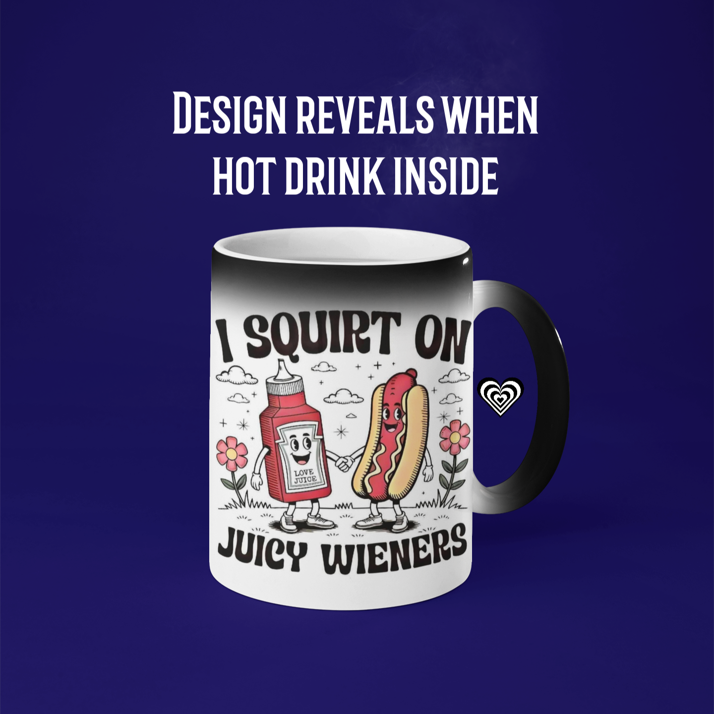 Mug with cartoon design and text on a blue background