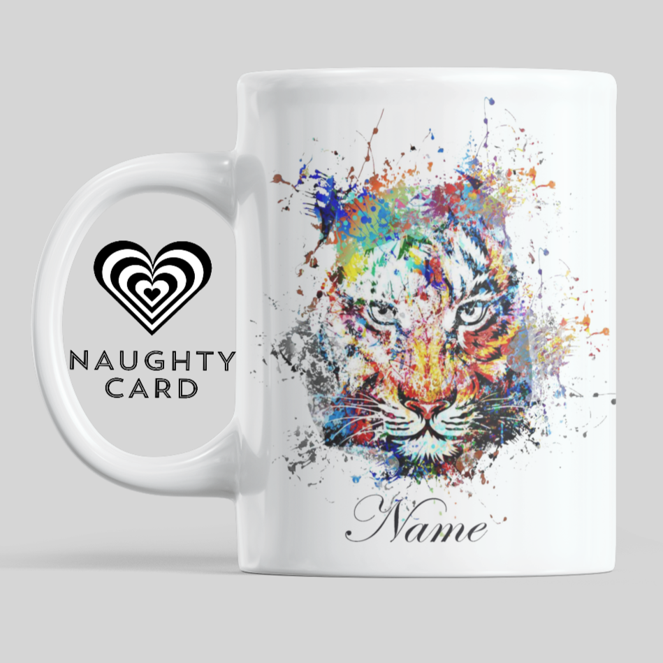 Lion Personalised Water Colour Mug From NaughtyCard. Watercolour animal mug.