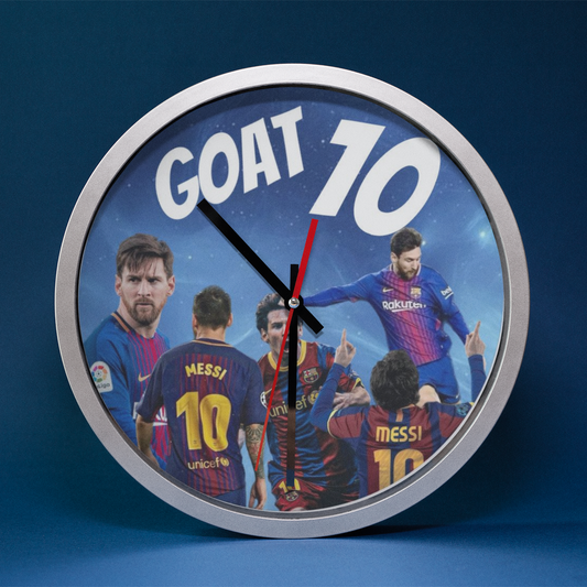 Wall clock with soccer player Messi and 'GOAT 10' text on a blue background