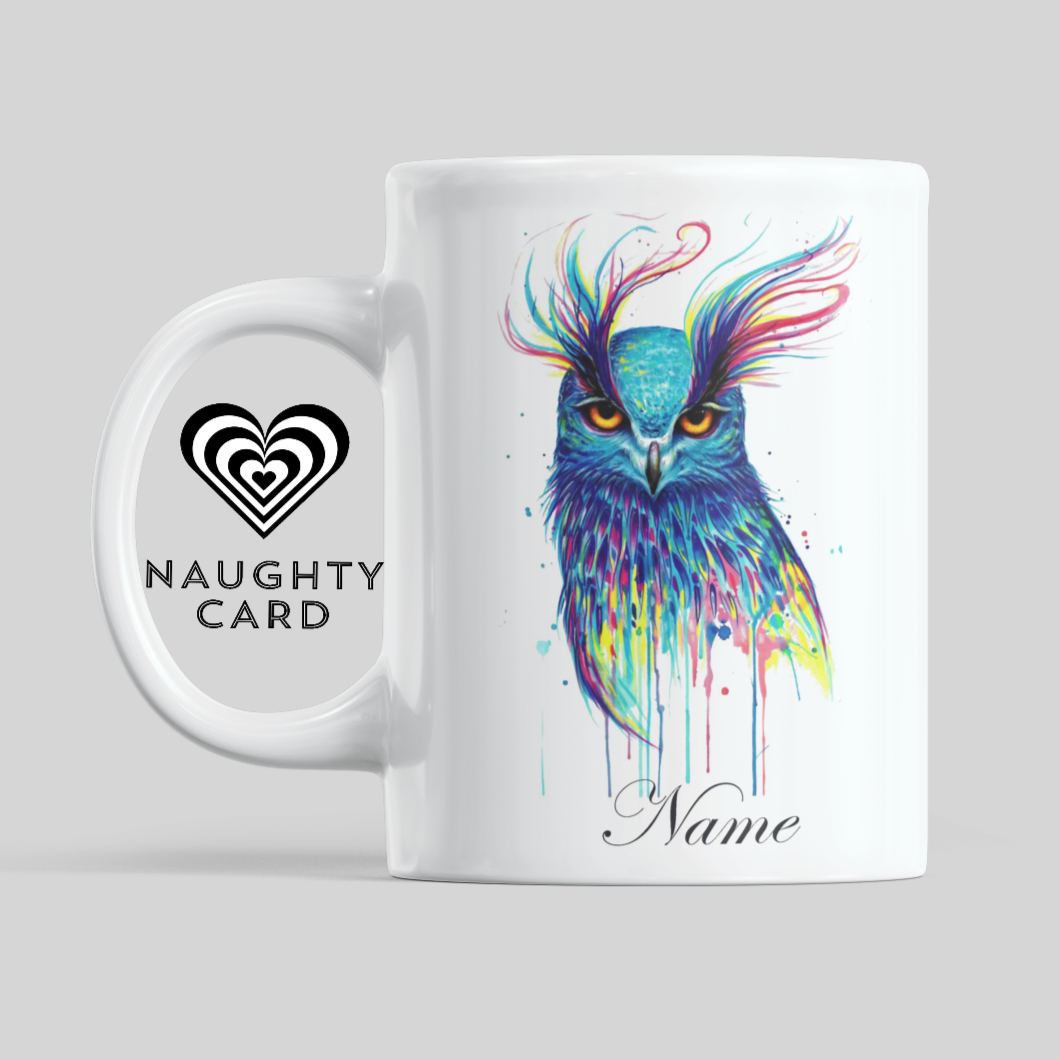 Owl Personalised Water Colour Mug From NaughtyCard. Watercolour animal mug.