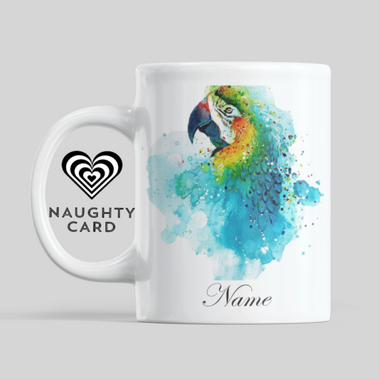 Parrot Personalised Water Colour Mug From NaughtyCard. Watercolour animal mug.