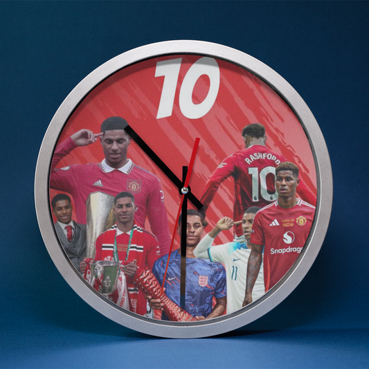 Wall clock with soccer player images and number 10 on a red background