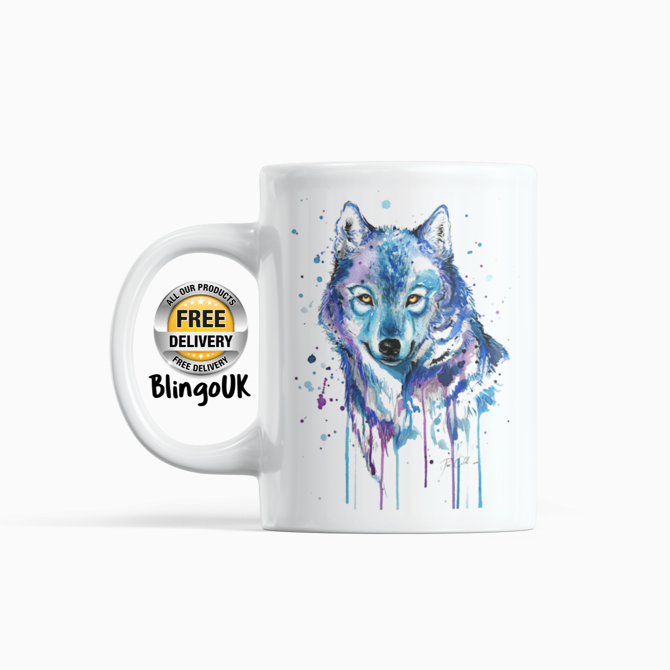 Wolf Mug Personalised Water Colour Mug From NaughtyCard. Watercolour animal mug.