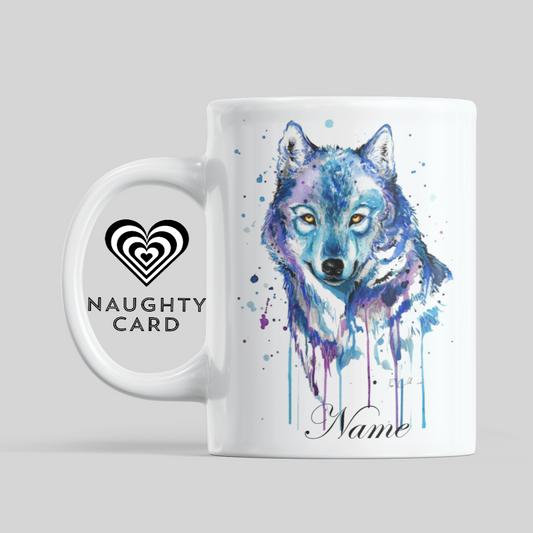 Wolf Personalised Water Colour Mug From NaughtyCard. Watercolour animal mug.