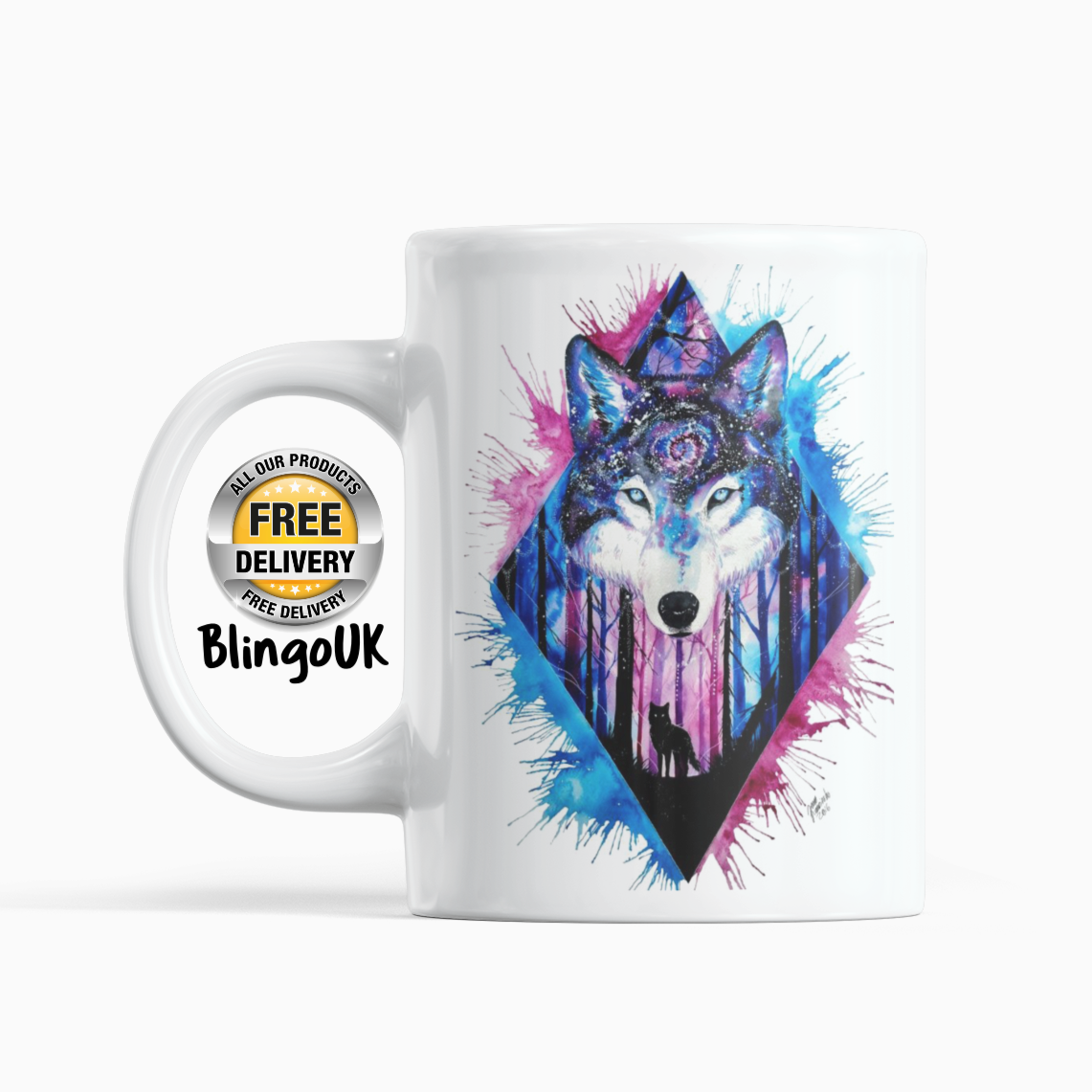 Pink and Blue Wolf Personalised Water Colour Mug From NaughtyCard. Watercolour animal mug.