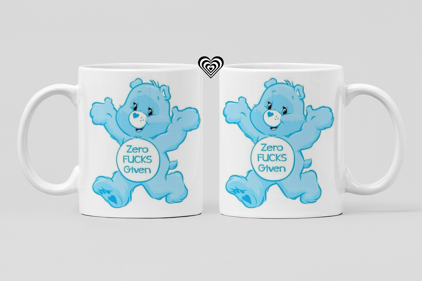 Two mugs with a blue swear bear character and 'fresh out of fu*ks' text on a white background