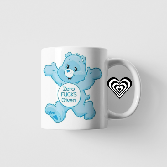 Mug with a blue naughty bear design and 'fresh out of fu*ks' text on a white background