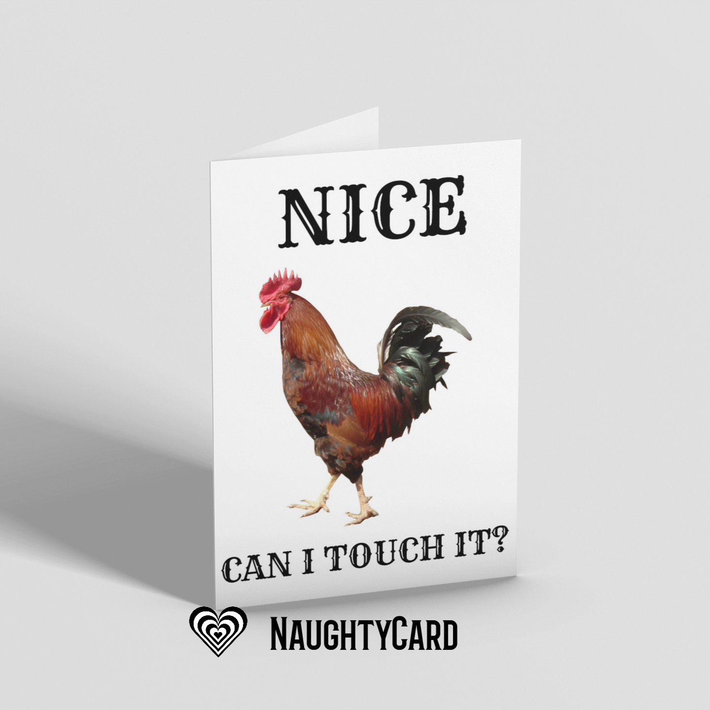 Birthday Card with a rooster illustration and text on a gray background