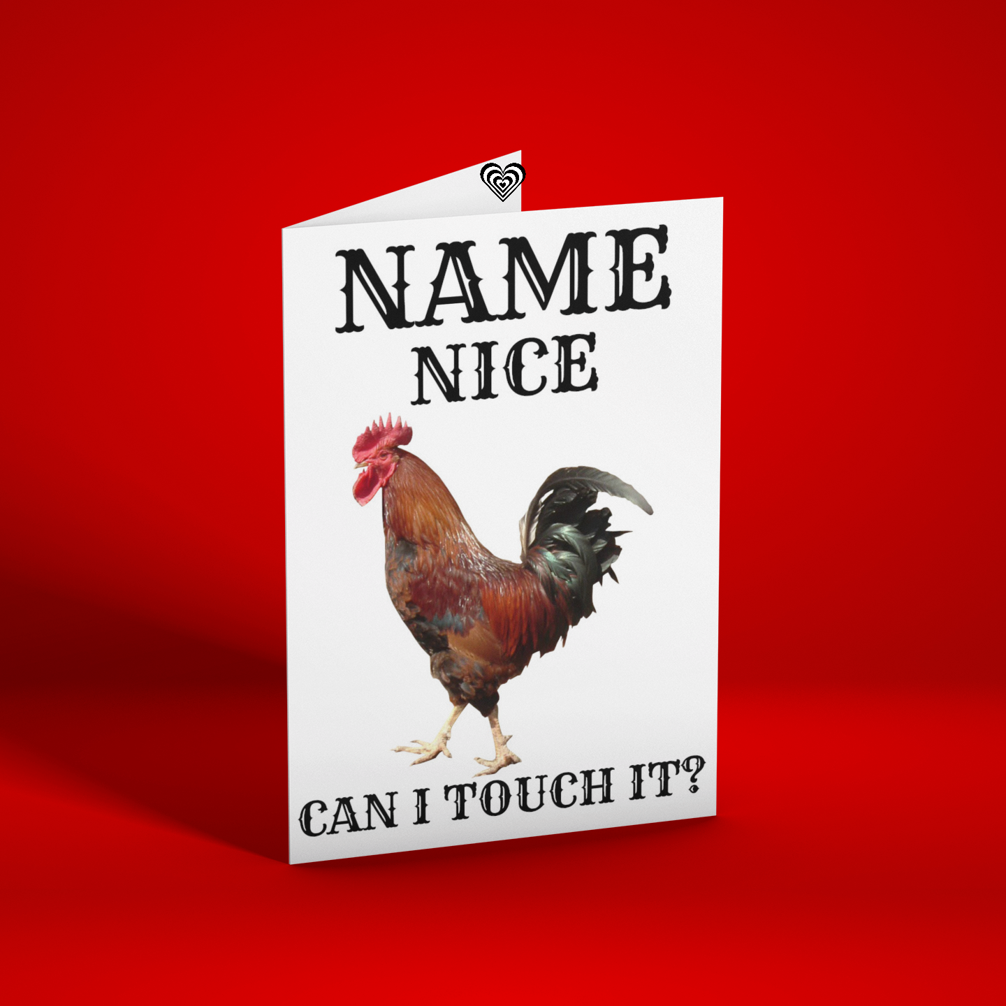 Naughty Card Birthday Card with a rooster illustration and text on a red background