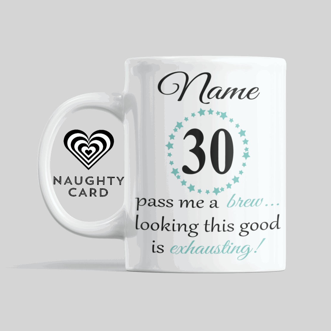 Personalised Birthday Mug from NaughtyCard White Mug on plain background featuring any age your name