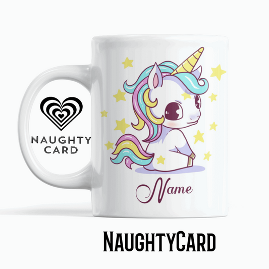 Baby Unicorn Personalised Mug From NaughtyCard.co.uk. Image showing white mug on a plain white background. Front View.