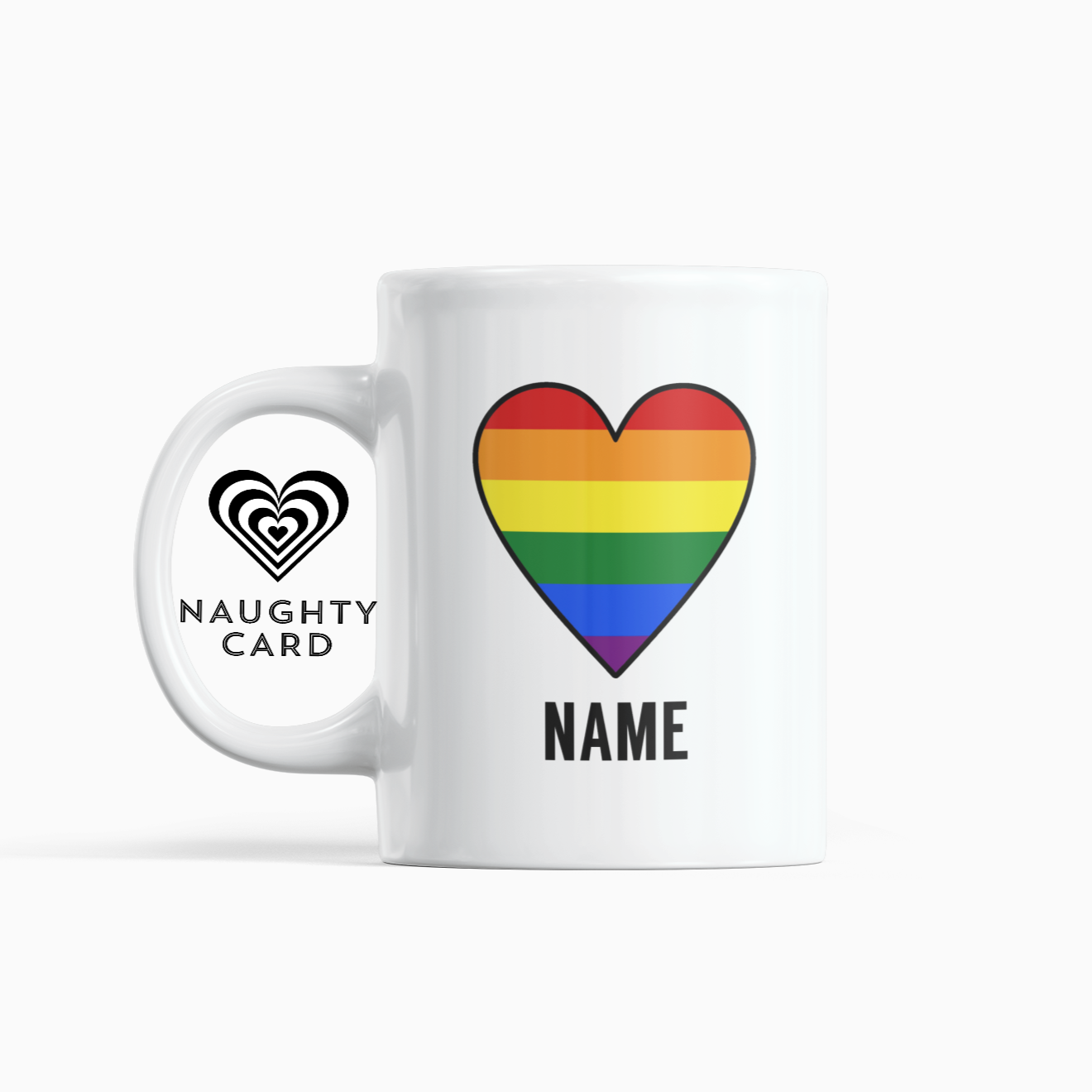 gay pride mug, gift, white mug on white background with gay pride heart