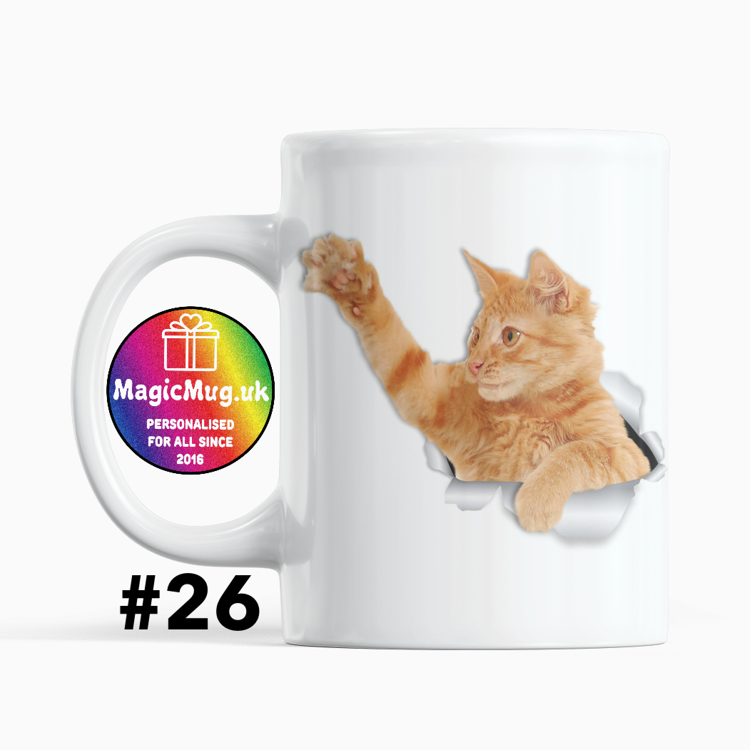 Ginger Cute Cat Magic Mug From NaughtyCard. White Mug on a plain white background. Personalised With Any Name.
