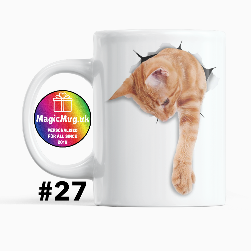 Ginger Shy Cat Magic Mug From NaughtyCard. White Mug on a plain white background. Personalised With Any Name.
