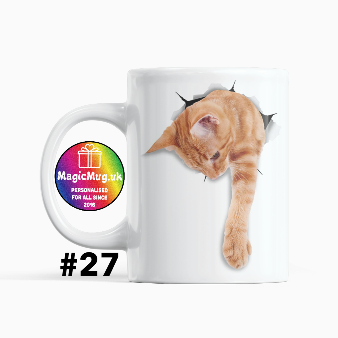 Cute Ginger Shy Cat Magic Mug From NaughtyCard. White Mug on a plain white background. Personalised With Any Name.